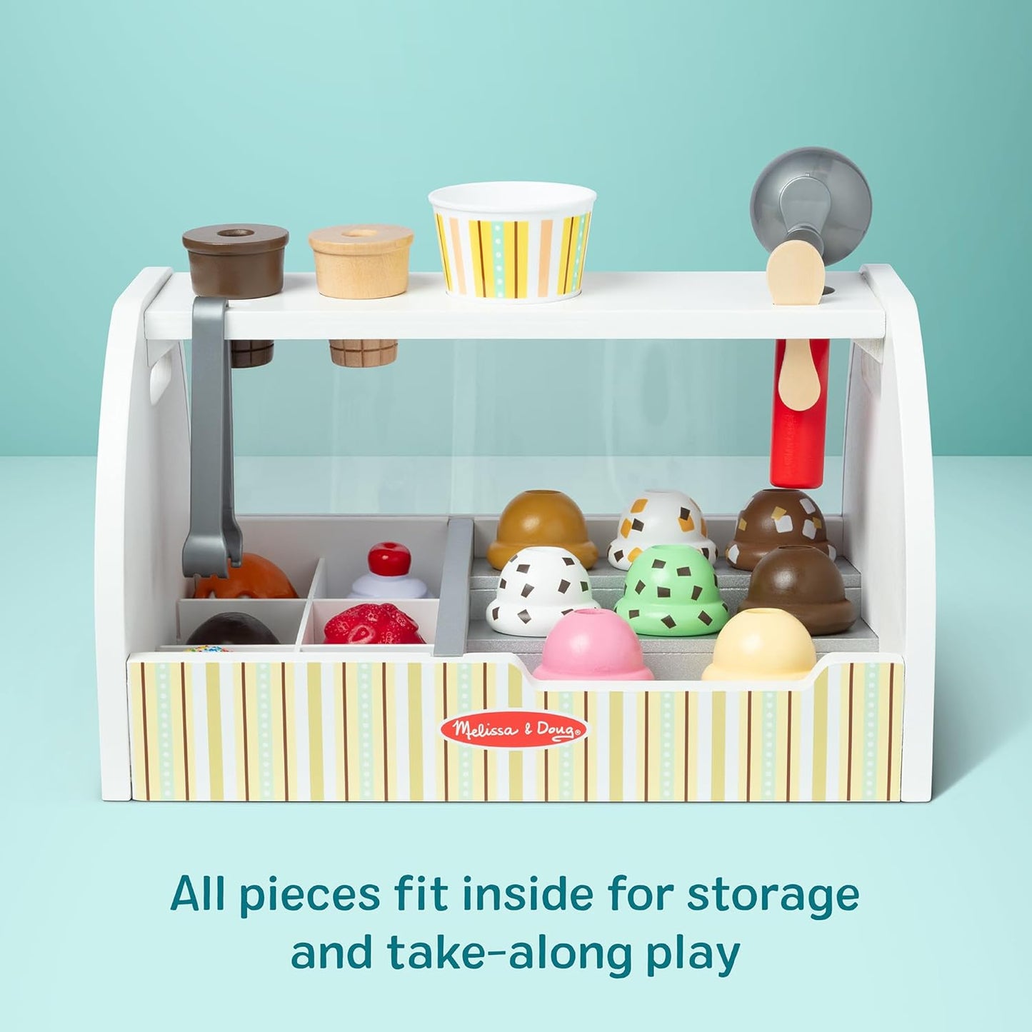 Melissa & Doug Wooden Scoop & Serve Ice Cream Counter, Pretend Play Store, 28 Toy Food & Play Kitchen Accessories, Preschool Toys for Girls & Boys 3+