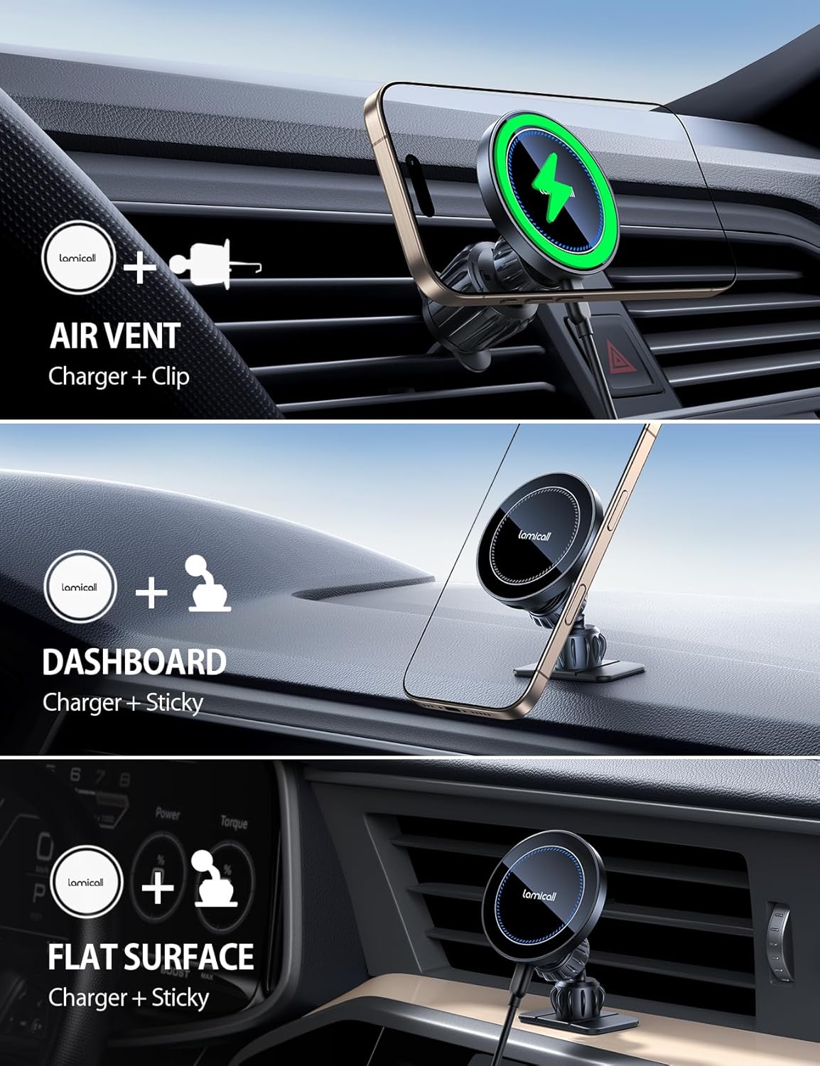 Lamicall 15W for MagSafe Car Mount Charger - [20X Strong Magnets] Wireless Car Phone Holder Charger, Magnetic Phone Holders for Car Vent Dash Accessories for Women Men for iPhone 17 Pro Max Black