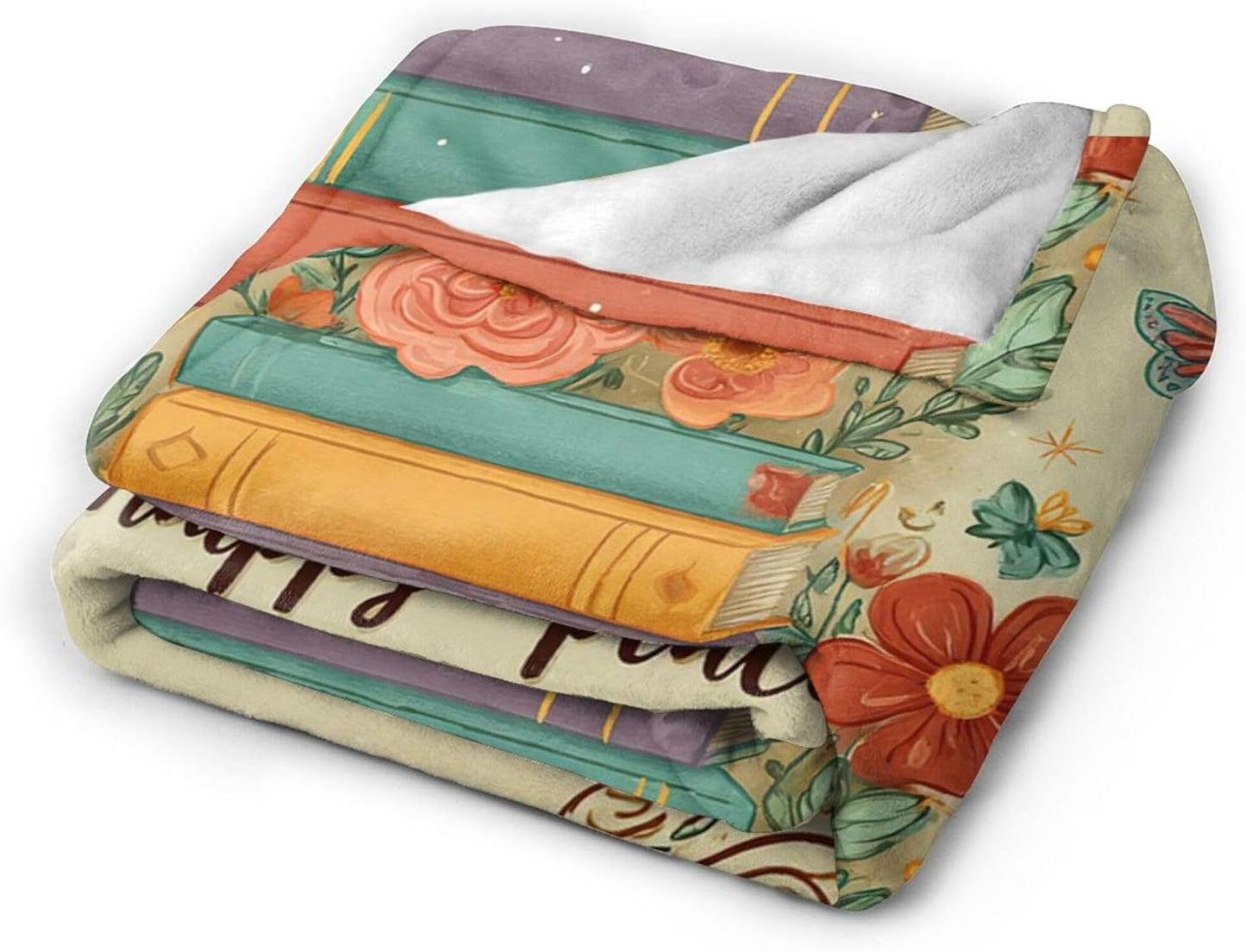 Book Lover Blanket, Reading is My Happy Place Throw, Retro Floral Bibliophile Gift for Women Teachers Librarians, Soft Flannel Fleece Blanket, Cozy Cottagecore Bookish Room Decor 60"x50"