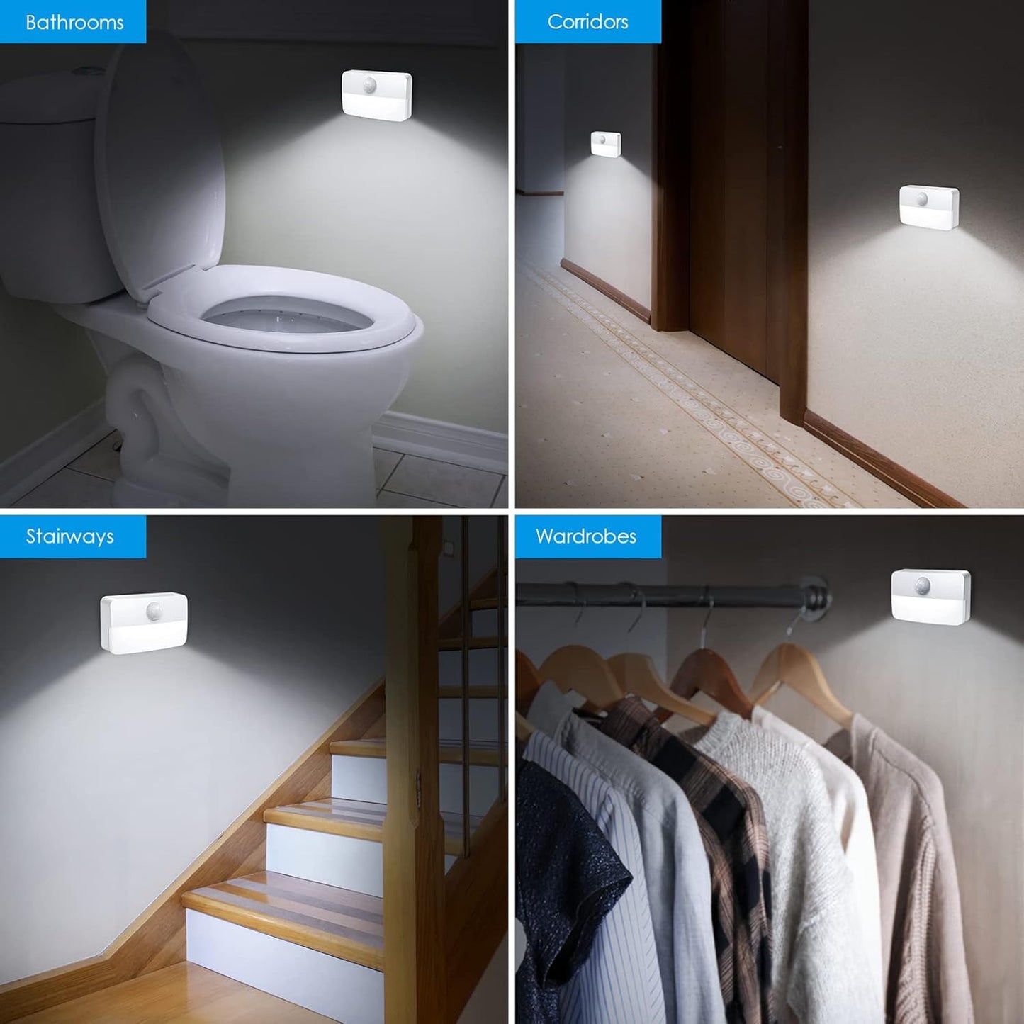 AMIR 2 Pack Mini Motion Sensor Stair Light for Indoor, Battery-Powered LED Night Light, 40 Lumen 6500K, Cordless Closet Lights, Safe Lights for Stairs, Hallway, Bathroom, Kitchen, Cabinet