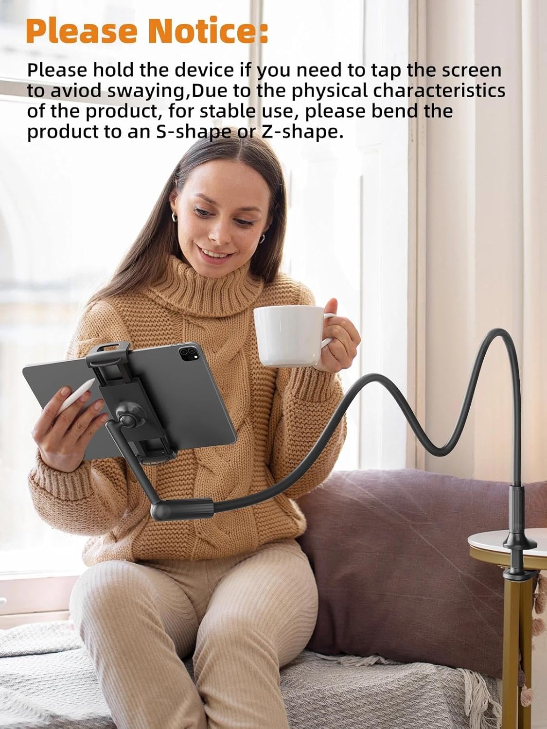 SAIJI 47" Gooseneck Kindle Holder, Tablet Holder for Bed with Upgraded Base, iPad Stand with Flexible Lazy Arm, Compatible with iPad mini Pro Air, Kindle, Galaxy or Other 4.7-11" Device (Black)