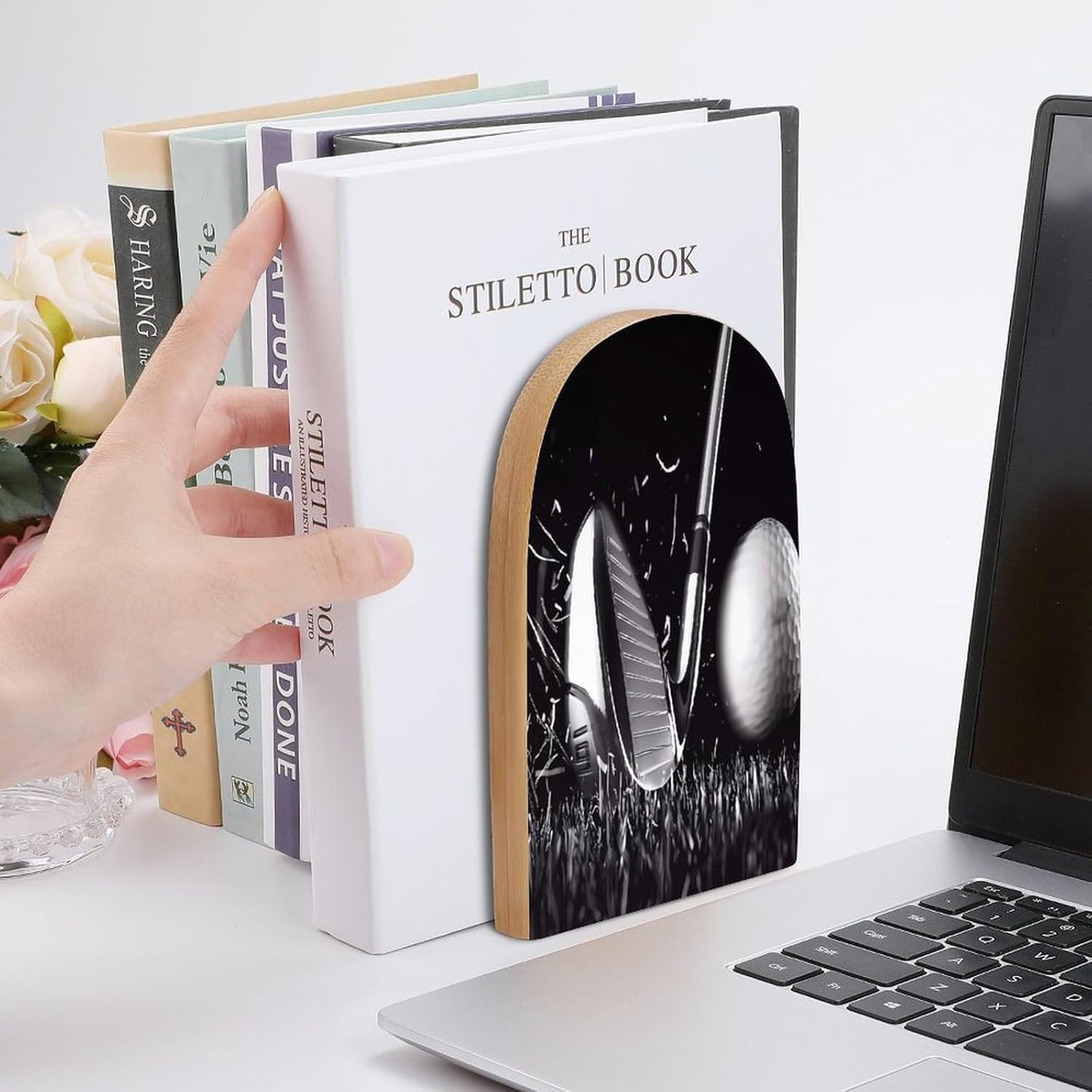 Black and White Golf Wooden Bookend Non-Slip Book Ends Heavy Duty Book Stopper with Metal Base Books Holderd Decorative Bookends Stands Firmly for Office Supplies