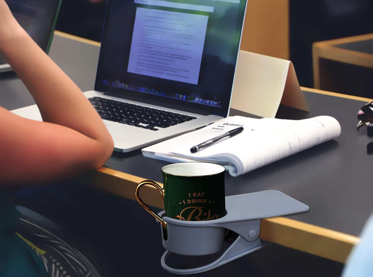 Gray Desk Table Edge Clamp Cup Holder for Office - Place Water Glass, Coffee Mug, Beverage, Phone
