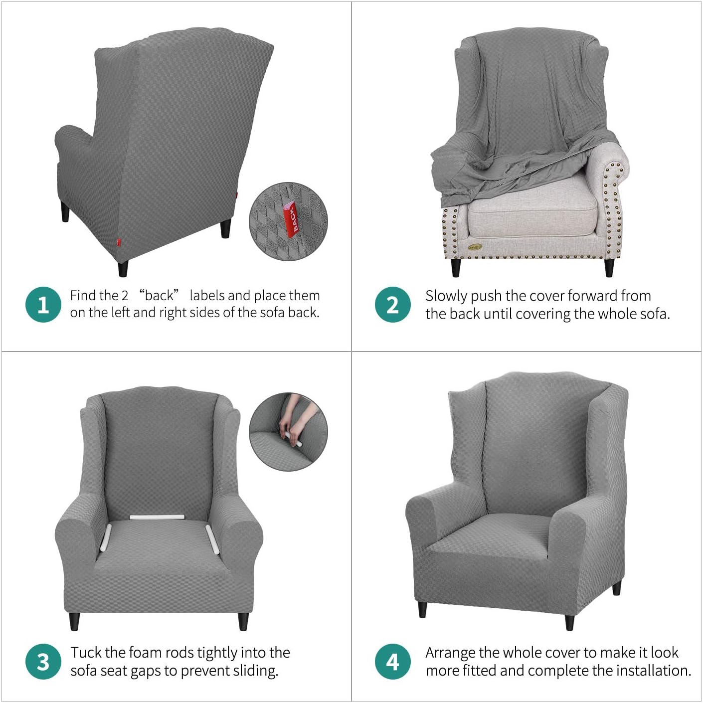 YEMYHOM 1 Piece Stretch Wingback Chair Slipcover Latest Jacquard Design Wing Chair Cover Non Slip Furniture Protector with Foam Rods for Living Room (Wing Chair, Light Gray)