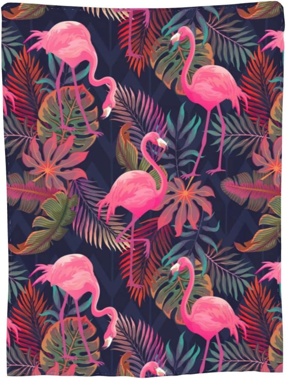 Perinsto Tropical Flamingos with Palm Leaves Throw Blanket Ultra Soft Warm All Season Decorative Fleece Blankets for Bed Chair Car Sofa Couch Bedroom 50"X40"