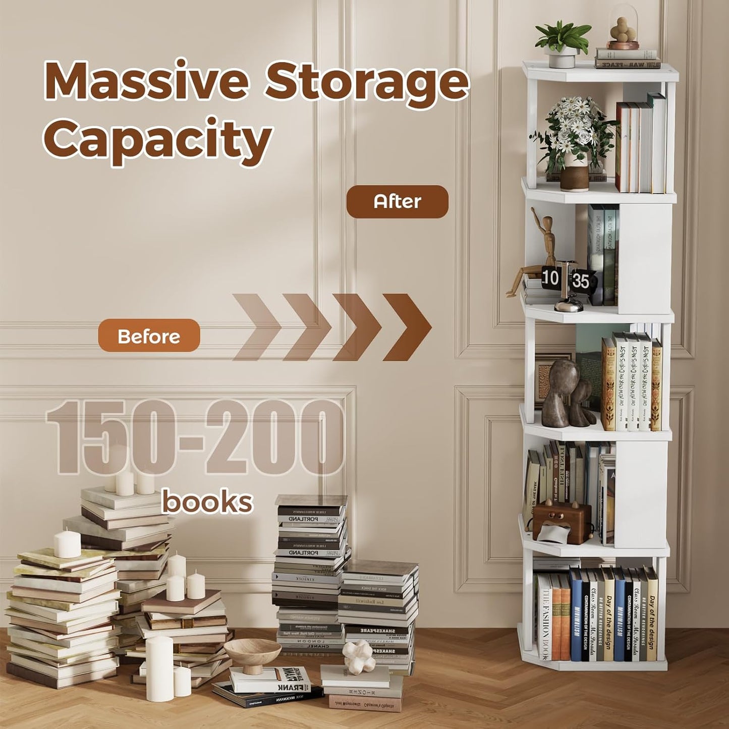 5 Tier Square Bookshelf Tower, Floor Standing Corner Bookshelf Modern Organizer Storage Display Rack for Home Office Living Room Study, Small Spaces