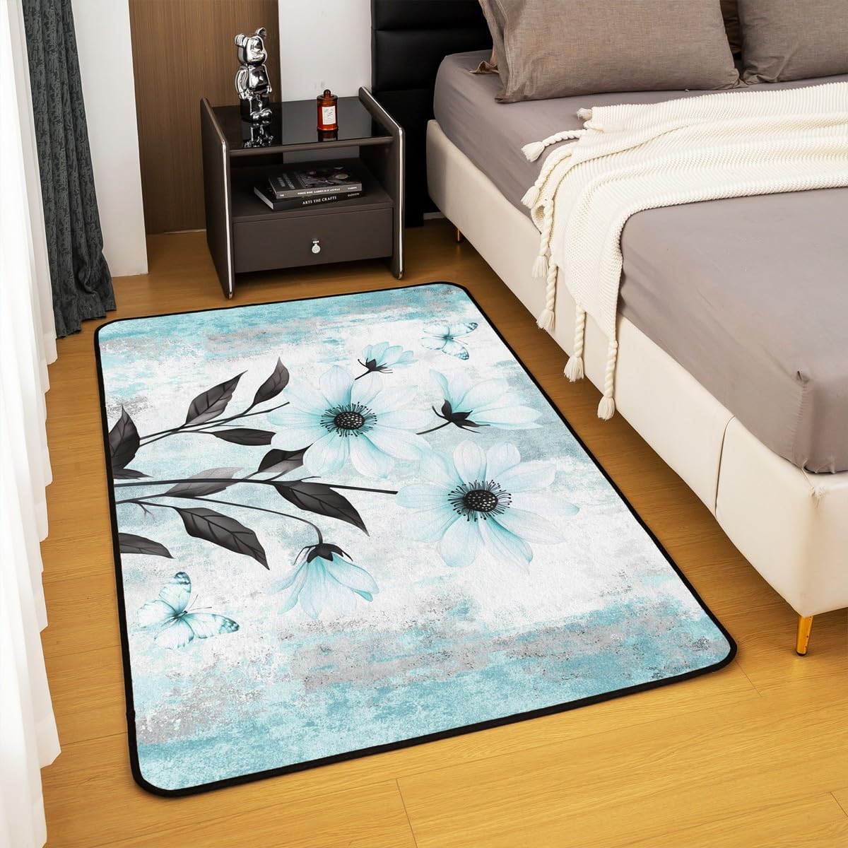 Turquoise Daisy Flower Area Rug 4'11" x 3'3" Spring Blossom Carpet Abstract Oil Painting Indoor Floor Mat Watercolor Floral Rustic Farmhouse Decorative Washable Rug Ombre Blue Grey Design for Adults