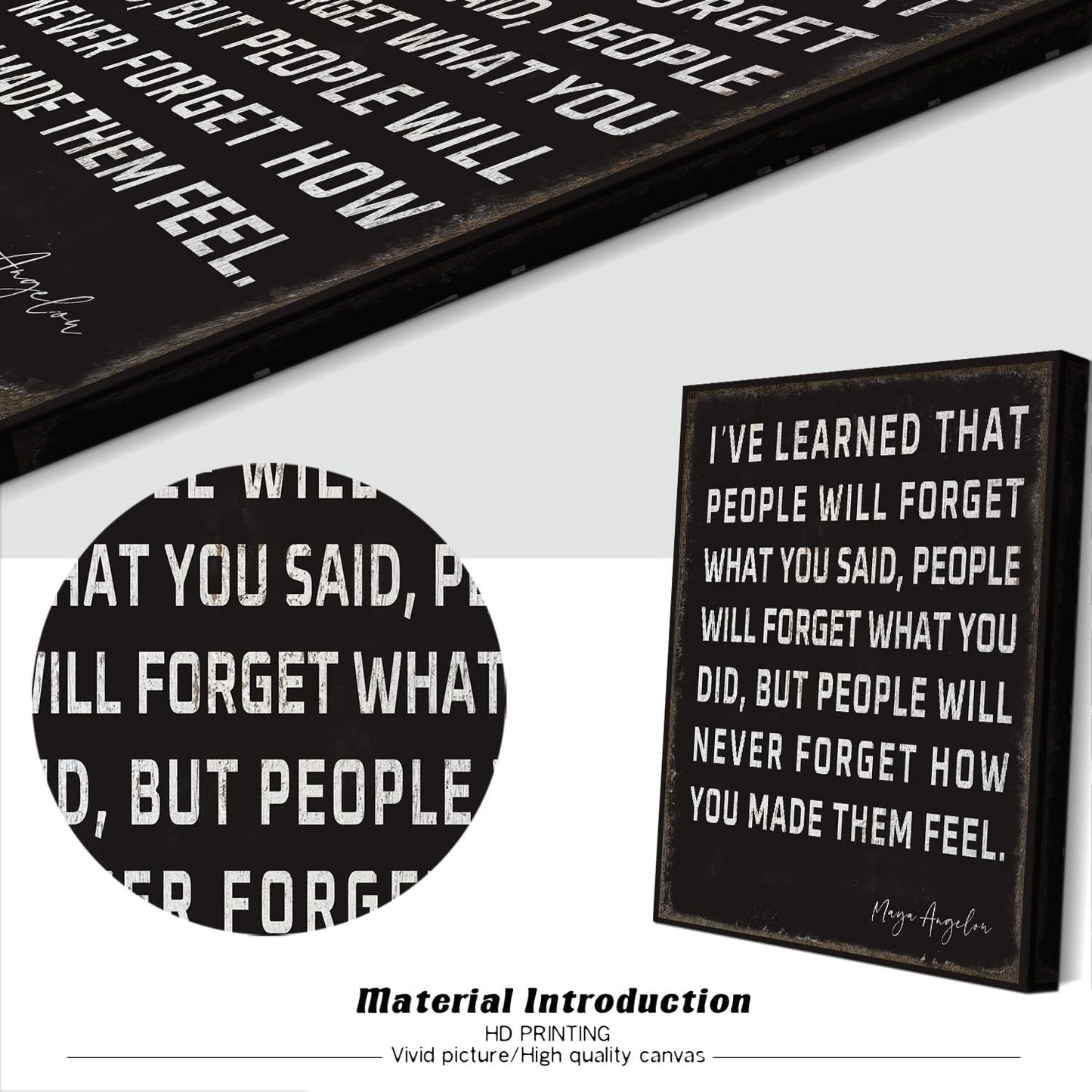 WOWGOOMO Retro Inspirational Canvas Wall Art Maya Angelou Quotes I've Learned That People Will Never Forget How You Made Them Feel Motivational Positive Painting Wall Decor for Home Office Framed Gift