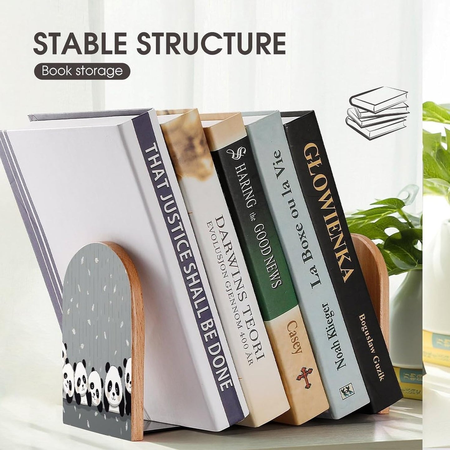 Funny Baby Panda Bookends 1 Pair Heavy Duty Book Ends for Shelves Non-Skid Bookend Supports Wooden Book Holders with Metal Base Desk Organizers Books Storage to Hold Books