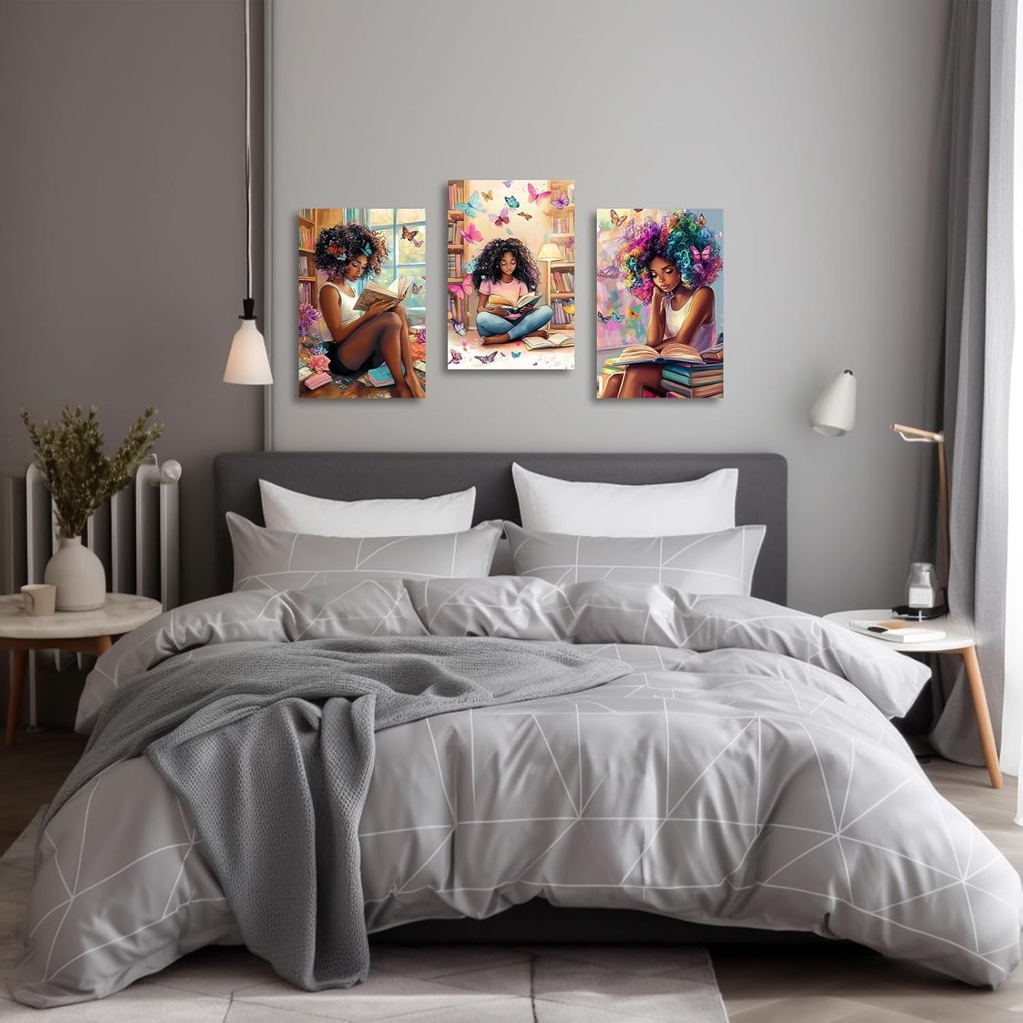 XLMDYYSW African American Wall Art Colourful Black Girl Reading Book Pictures Black Woman Canvas Prints Watercolor Butterfly Painting for Bedroom Decor Framed (Pink, 18L x 12W)
