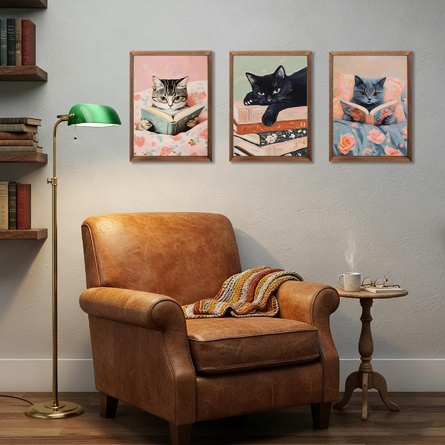 Chmylon Wall Art Set of 3,Cute Reading Cats Canvas Wall Decor, Funny Animal Book Art Prints, Pink Aesthetic Wall Artwork for Girls Room Bedroom Kids Room Living Room Bathroom Decor 12x16In Wood Framed