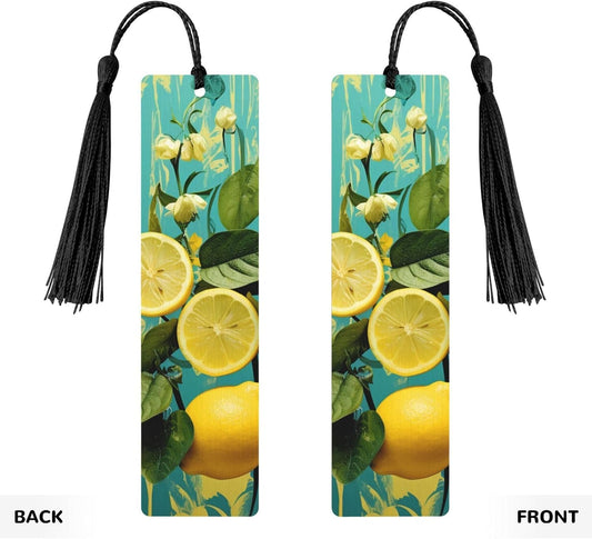 Lemons and Leaves Bookmarks Gifts for Women Men, Wooden Bookmarks for Book Lovers, Vintage Book Marks Ornaments with Tassel, Unique Personalized Reading Page Markers Black