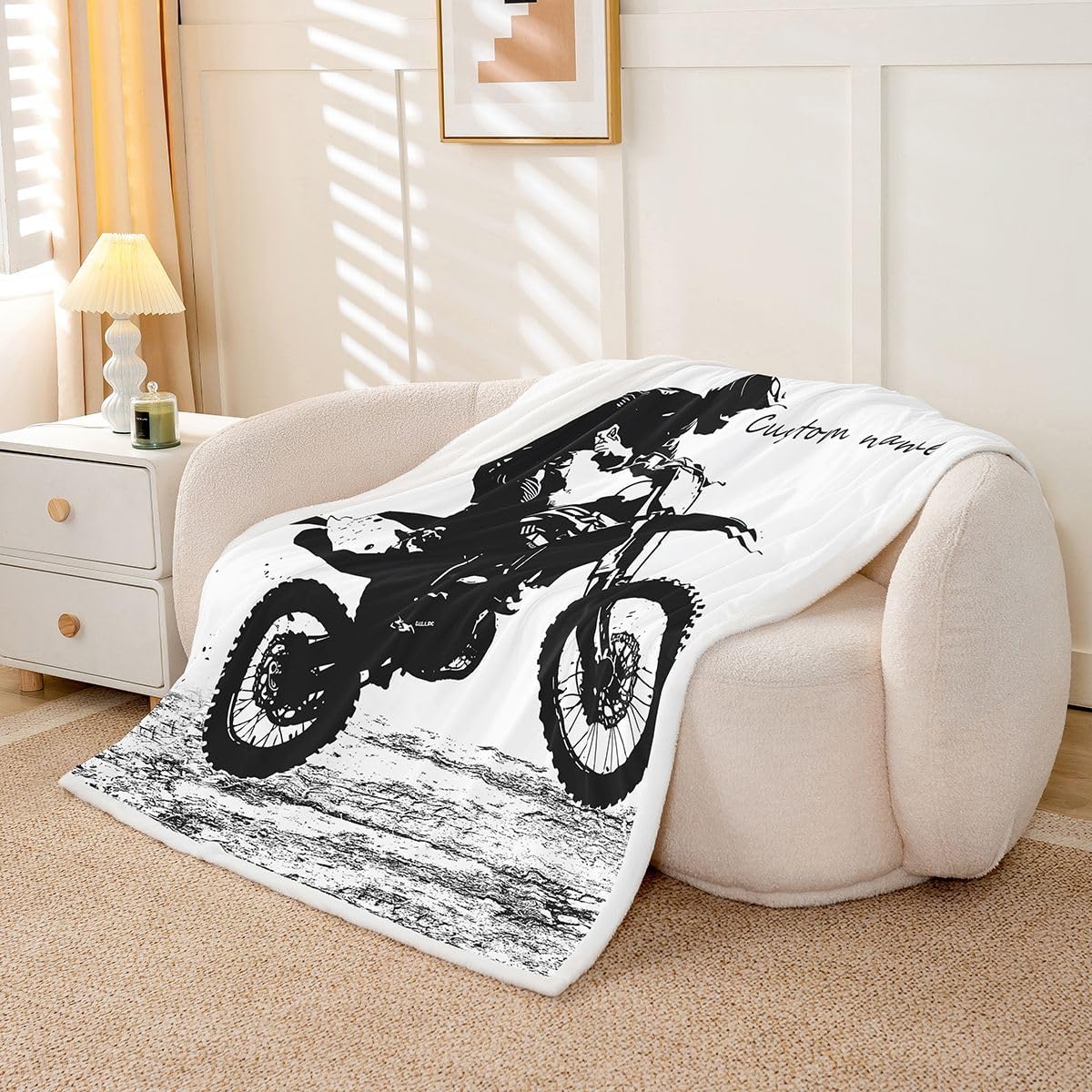 Erosebridal Teens Dirt Bike Fleece Blanket Throw Size, Motocross Rider Custom Name Sherpa Blanket for Kids Boys Adult Men, Motorbike Extreme Sport Throw Blanket, Motorcycle Grunge Plush Bed Blanket