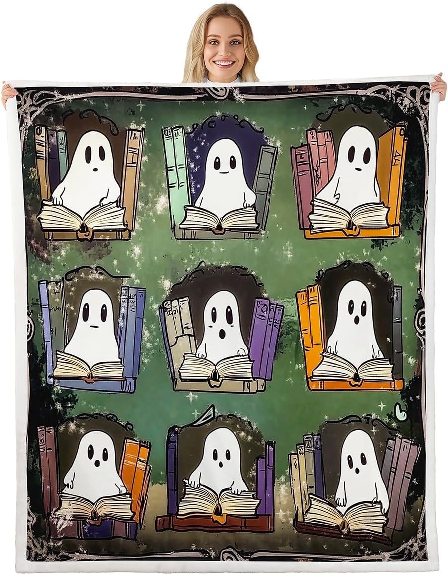 Erosebridal Cartoon Ghost Fleece Blanket Halloween Decorations Gothic Sherpa Blanket 50"x60" | Reading Books Ghost Funny Silhouette Fuzzy Plush Throw