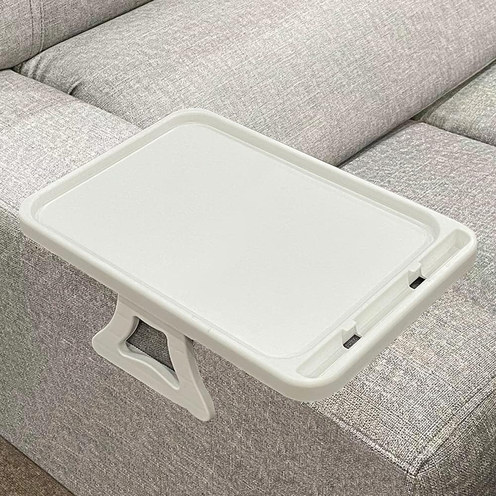 Xchouxer Sofa Armrest Clip Table, TV Snack Tray, Handy Remote Controls/Drinks/Phone Holder (White)