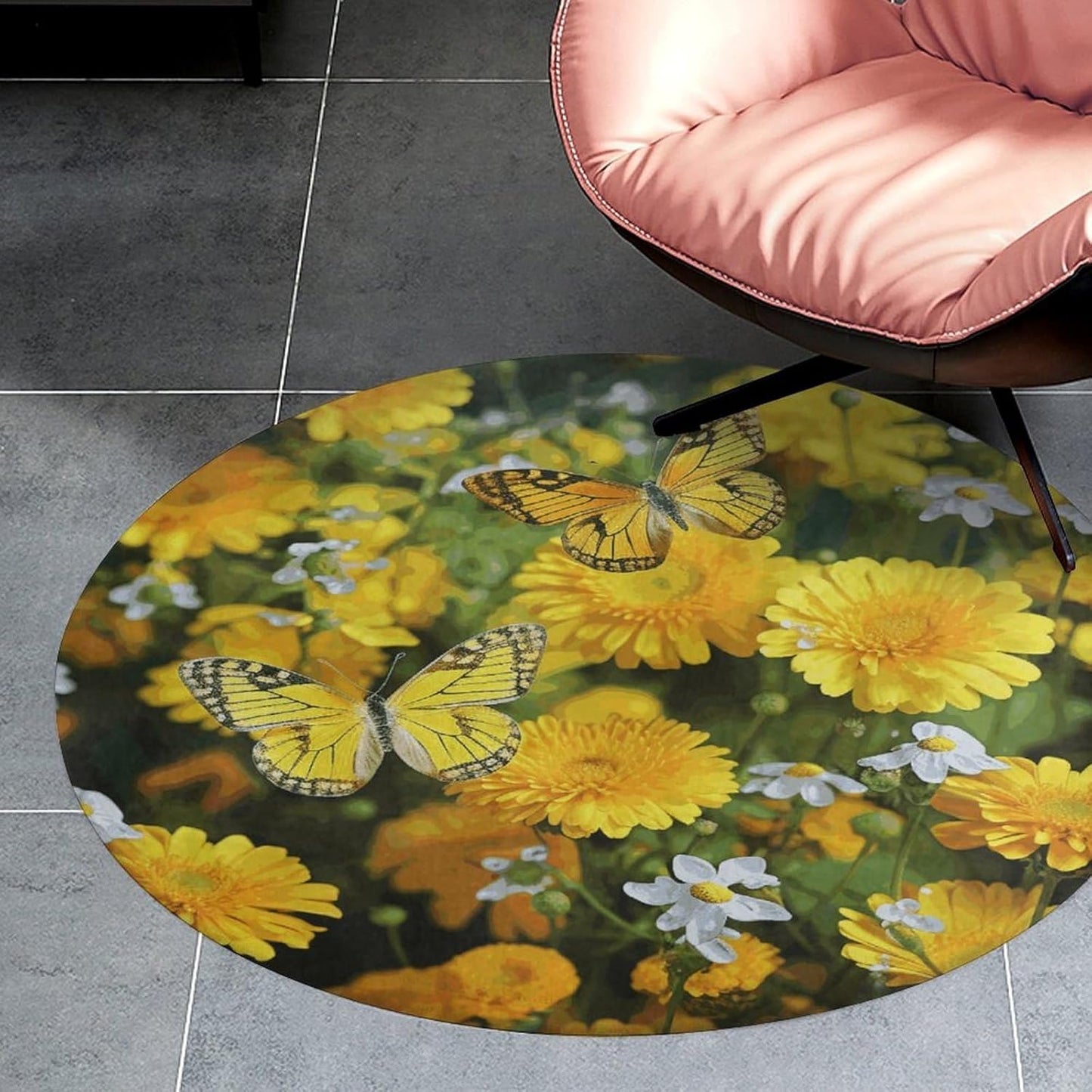 Yellow Butterfly and Yellow Daisies Circle Rug Retro Luxury Coral Velvet Floor Mat Non Slip Soft Indoor Floor Carpet Comfy Thickened Area Rugs Modern Aesthetic Minimalist Carpets for Home Decor