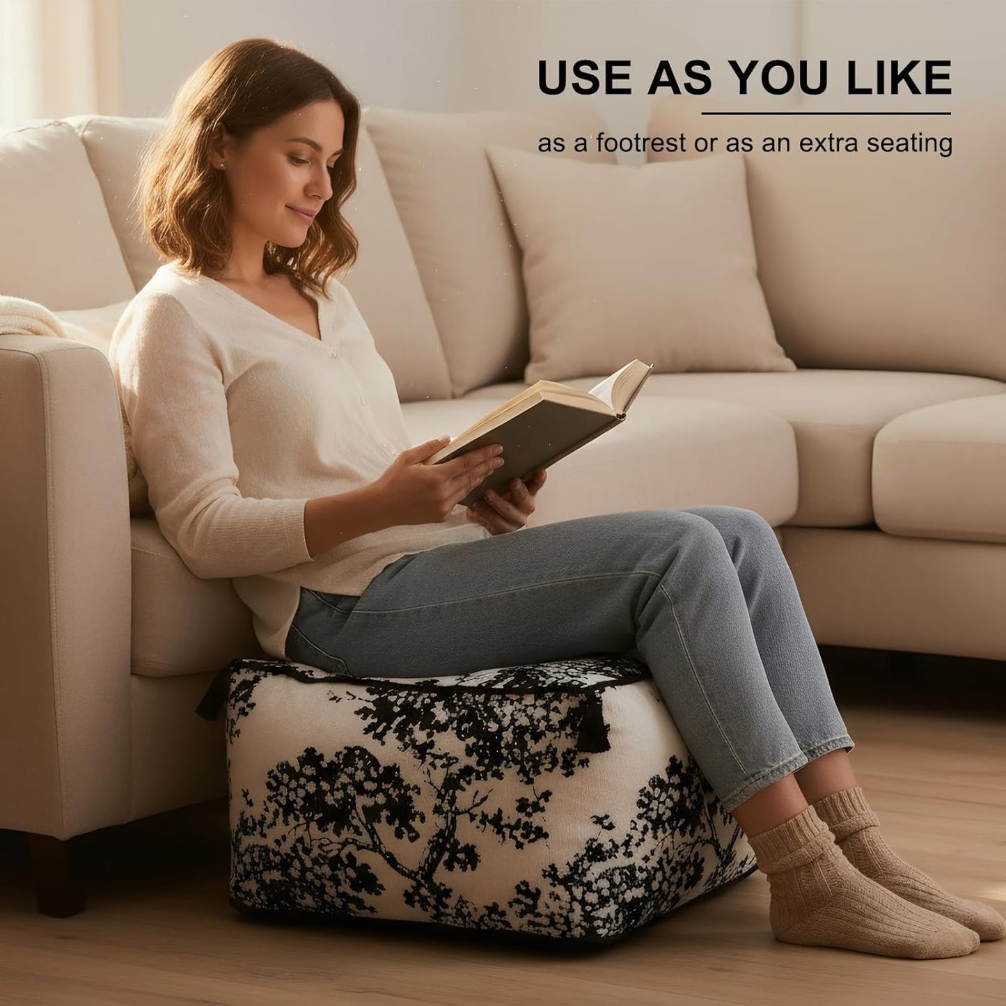 Square Pouf Ottoman Foot Stool with Tassels - Soft Chenille for Living Room & Office - Foot Rest, Home Decor & Removable Cover - Modern Black White Tree Design - 19.7" x 11.8"