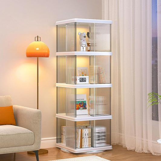 3/4/5 Tier Rotating Bookshelf Tower Acrylic Bookshelf Rotating Bookshelf Tower 360 Degree Revolving Bookcase Transparent Acrylic Rotating Bookcase Freestanding Spinning Bookshelf For Living Room(Four
