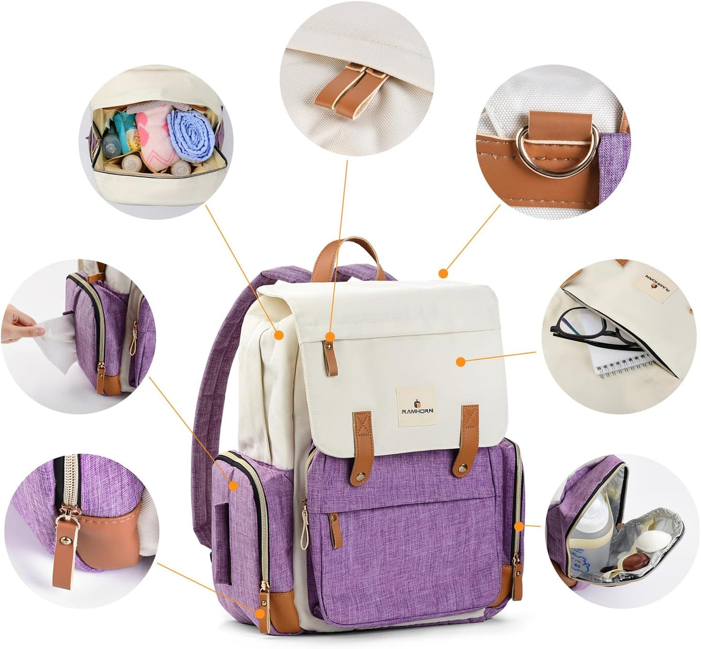 Ramhorn Diaper Bag Multifunction Travel Backpacks for Mom with Insulated Pockets and Laptop Compartment, purple