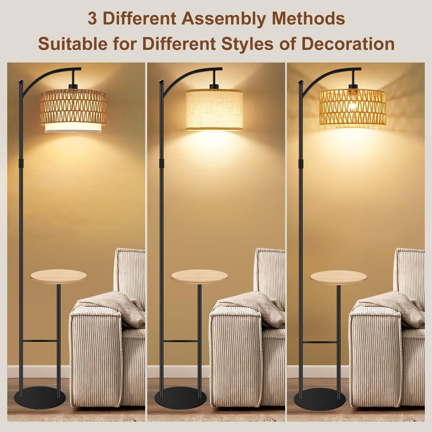 Arc Floor Lamp with Table, Boho Rattan Floor Lamps for Living Room with Remote Dimmable 3 Color Temperature, Wicker Standing Lamp Double Lampshades,Rustic Tall Lamps for Bedroom Office Corner