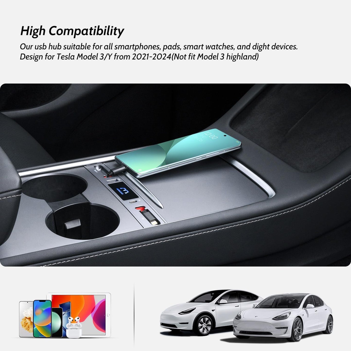 Upgrade Touch Switch Hub for Tesla (White), Retractable Phone Fast Charger is Necessary Tesla 2021-2024 Model 3/Y Accessories (not Highland Compatible), Gifts for Tesla Owners