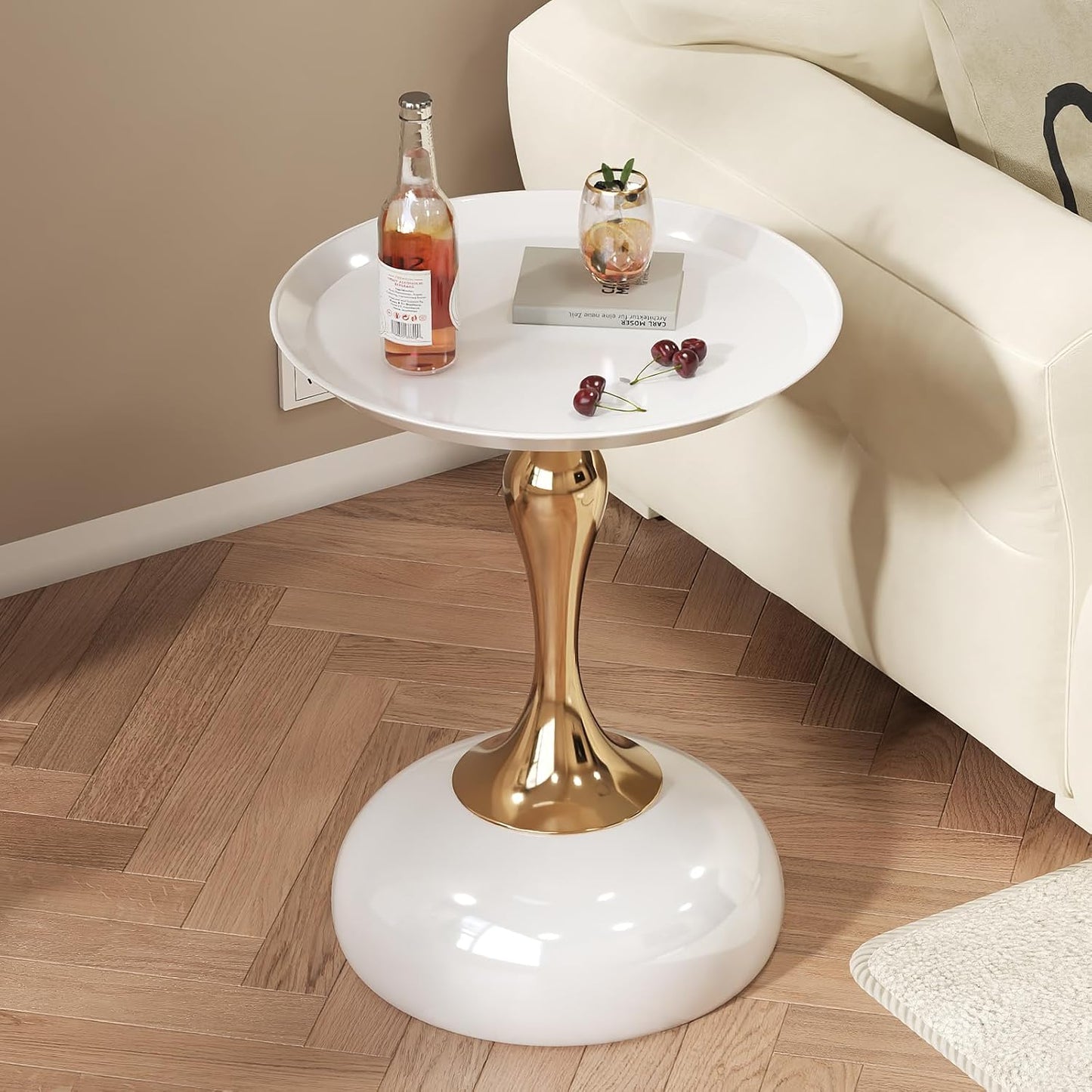 Small White Round Side Table with Gold Pedestal Base - Modern Chic Accent End Table for Living Room, Bedroom & Office Spaces