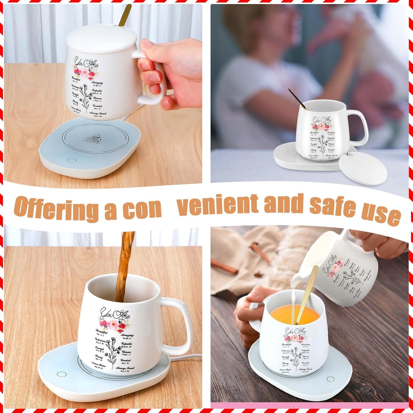 Suclain Christian Coffee Mug with Warmer Set for Women 13.5 oz Coffee Cup Mug Warmer for Desk Inspirational Electric Cup Warmer with Auto Shut Off for Home Office Mother Teacher Gifts(Elegant)