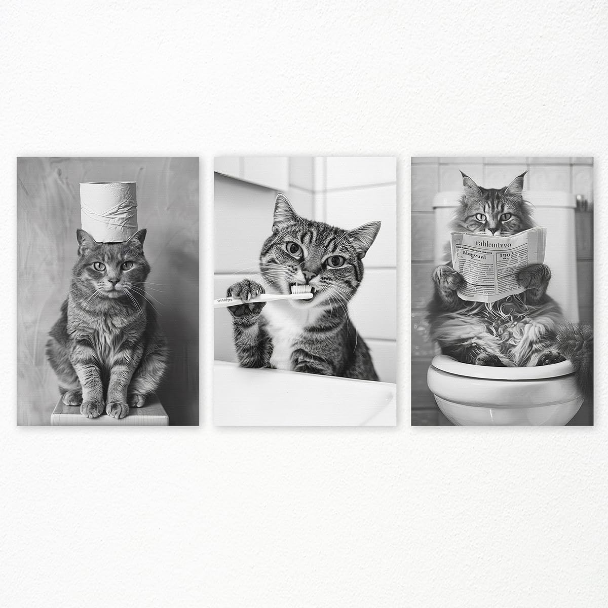 sdgobvco Cat Bathroom Canvas Wall Art, Set of 3 Black and White Funny Animal Bathroom Poster, Cute Cat Reading Newspaper on Toilet Brushing Teeth Pictures Wall Decor for Guest Room 8x12in Unframed