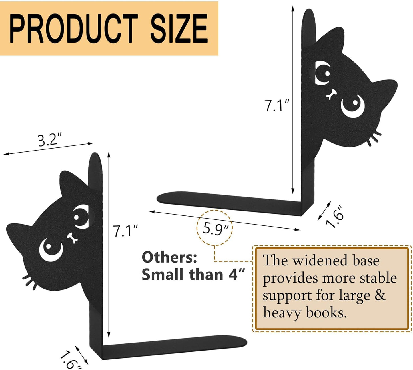 Bookends Metal Cat Book Ends, 1 Pairs Cute Bookends for Shelves Decorative for Home Office Desk Bookshelf Decor (Black, Cartoon)