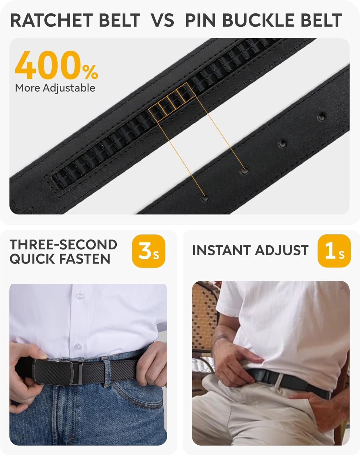 CHAOREN Mens Belt - Mens Ratchet Belt Leather 1 3/8" for Dress Pant - Micro Adjustable Belt Fit Everywhere