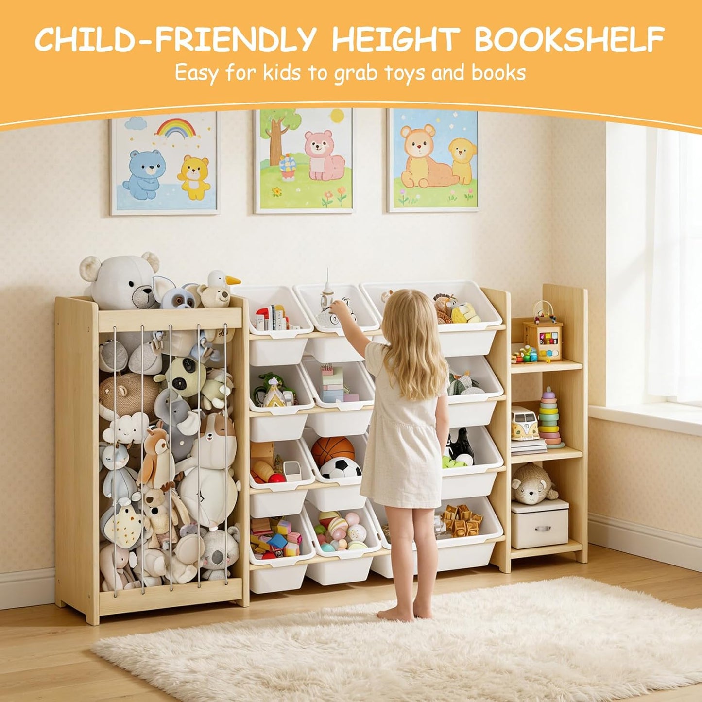 3-in-1 Toy Storage Organizer, Stuffed Animal Holder & 3-Tier Bookcase, Solid Wood Toy Organizer with 12 Storage Bins, Space-Saving Toy & Book Shelf for Kids Rooms, Bedroom, Playroom, White