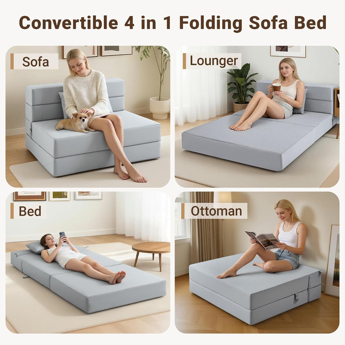 BeBen Folding Sofa Bed, Boneless Foldable Chair Bed, Convertible Futon Sleeper Chair Couch, Twin Lazy Floor Lounger Sofa Couch for Small Spaces, Dorm, Guest Room, Living Room, Apartment, Grey