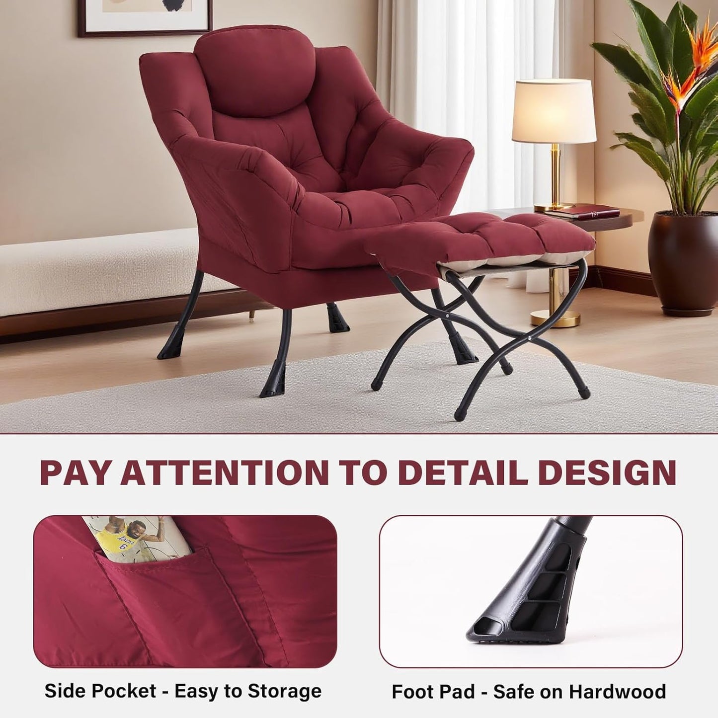 Tiita Lazy Chair with Ottoman, Red Modern Large Accent Chair, Comfy Leisure Sofa Armchair with Ottoman, Reading Chair with Footrest for Bedroom, Living Room, Dorm Rooms, Wine red