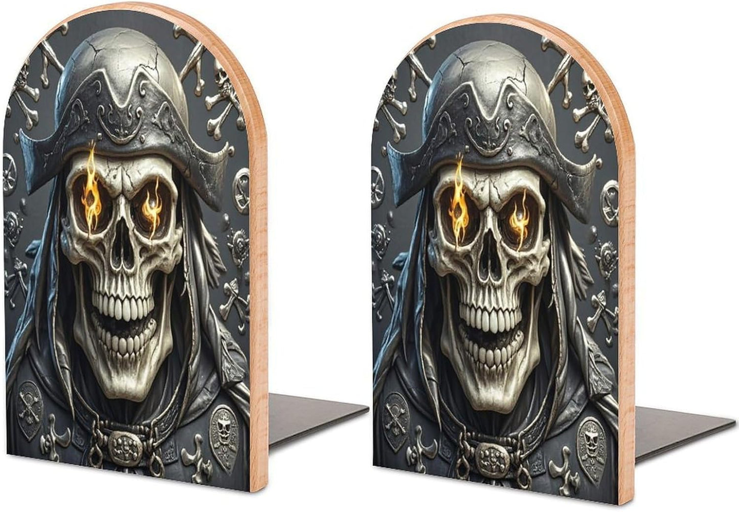 Pirate Skull Bookends 1 Pair Heavy Duty Book Ends for Shelves Non-Skid Bookend Supports Wooden Book Holders with Metal Base Desk Organizers Books Storage to Hold Books
