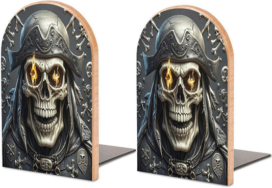 Pirate Skull Bookends 1 Pair Heavy Duty Book Ends for Shelves Non-Skid Bookend Supports Wooden Book Holders with Metal Base Desk Organizers Books Storage to Hold Books