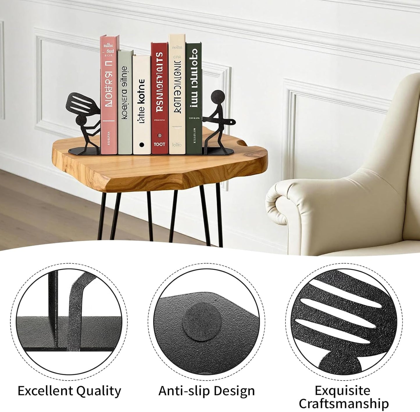 ENCIMART Bookends Decorative Metal Book Ends for Shelves, Kitchen Bookends for Heavy Books, Unique Cute Cookbook Organizer Book Holder for Kitchen Housewarming Cooking Book Lover Gifts
