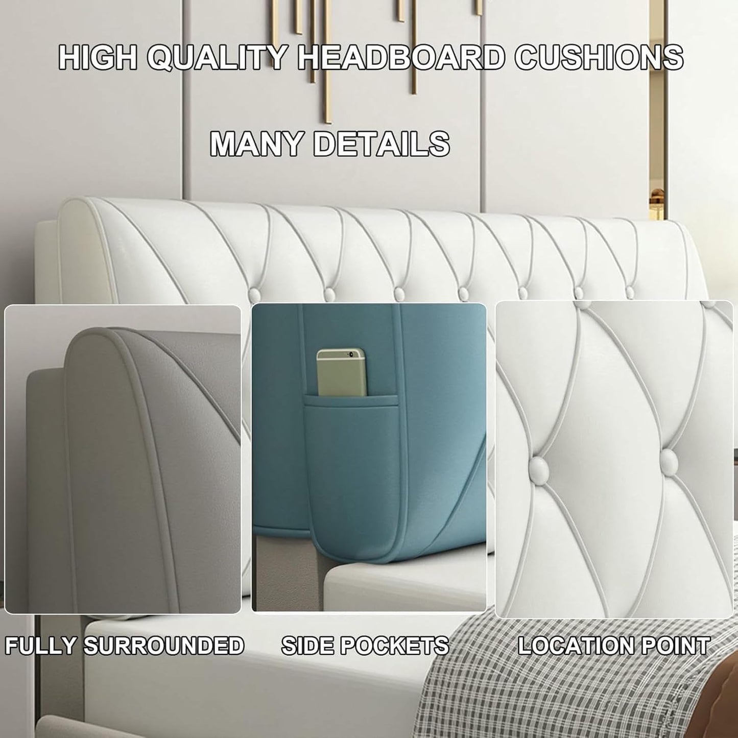 Bedside Cushion Large Bed Backrest Faux Leather Headboard Pillow Lumbar Support Upholstered Reading Pillow Removable Daybed Bunk Bed Bolster,Gray,Straps/59x23x2In