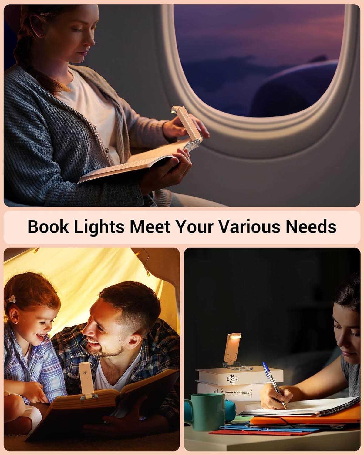 DEWENWILS USB Rechargeable Book Reading Light, LED Clip on Booklight Flexible Reading Lights in Bed, Car at Night, Warm White, Brightness Adjustable, Perfect for Bookworms, Kids (Peach Fuzz)