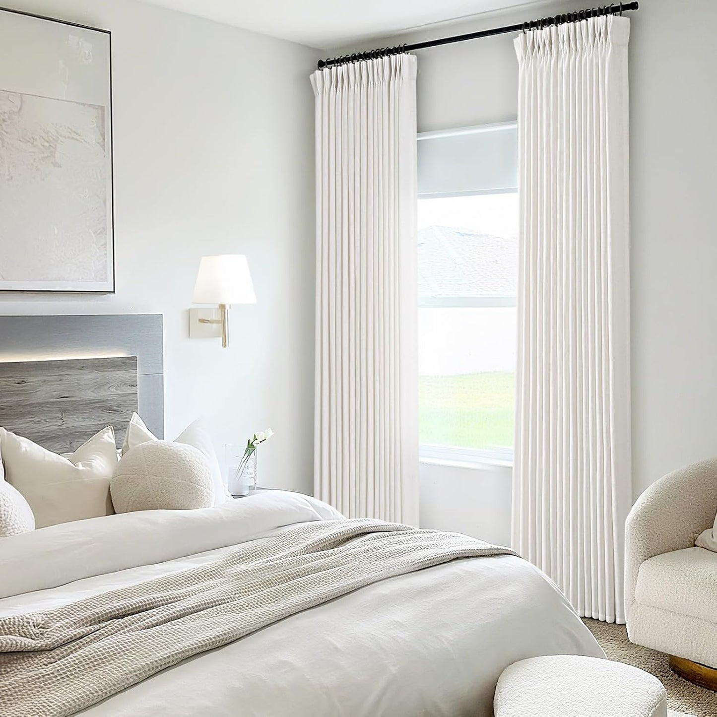 Pinch Pleated Linen Curtains 72 inches Long for Living Room Memory Training Shaped Natural Cream Light Filtering Semi Sheer Curtains 72 inch Length 2 Panel Set Modern Farmhouse Pinch Pleat Drapes