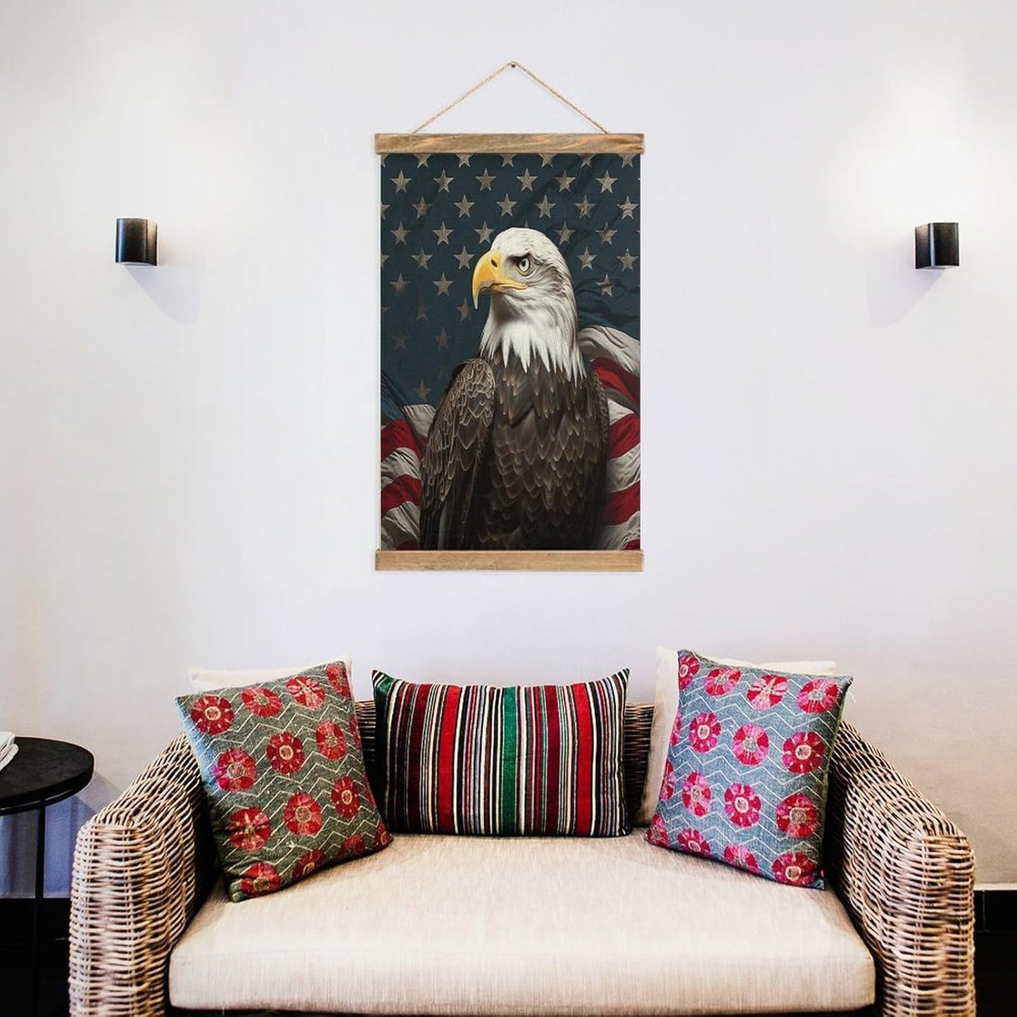 Vintage American Bald Eagle Sitting on Flag Ribbon Poster with Wooden Frame Personalized Linen Hanging Scroll Painting Rustic Wall Hanging Illustrative Modern Artwork Decor for Home Living Room Bedroo