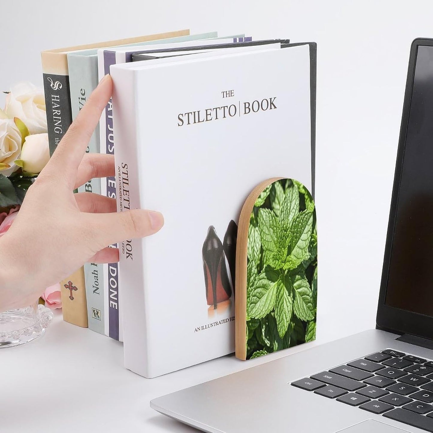 Peppermint Bookends 1 Pair Heavy Duty Book Ends for Shelves Non-Skid Bookend Supports Wooden Book Holders with Metal Base Desk Organizers Books Storage to Hold Books