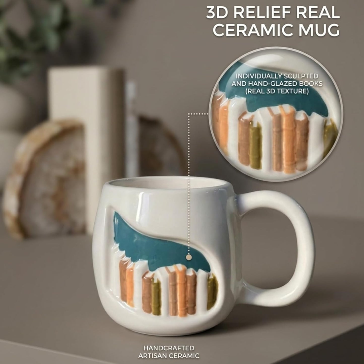 Real Ceramic 3D Book Mugs For Book Lovers Gifts For Readers Women, Unique 3D Bookshelf Mug 14Oz - A Library Shelf Cup, Gift For Writers And Authors - Bookish Gifts for Mom/Dad/Son/Daughter/Friend