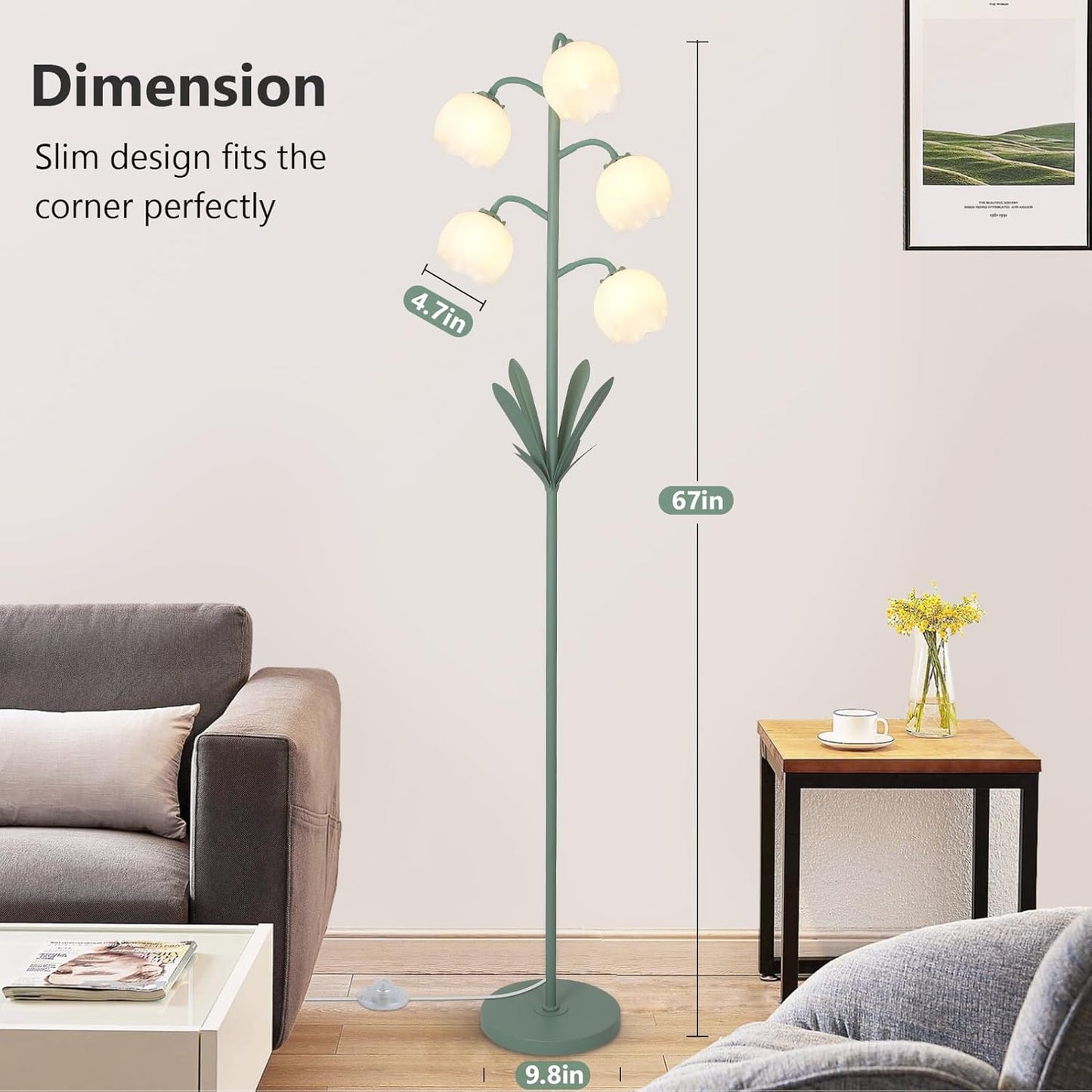 5-Lights Flower Floor Lamp with LED Blubs, Green Modern Floor Lamps for Living Room, Adjustable Standing Lamps for Bedroom Reading, Corner Tall Lamp Tree Stand Up Lamp for Office Home Decor
