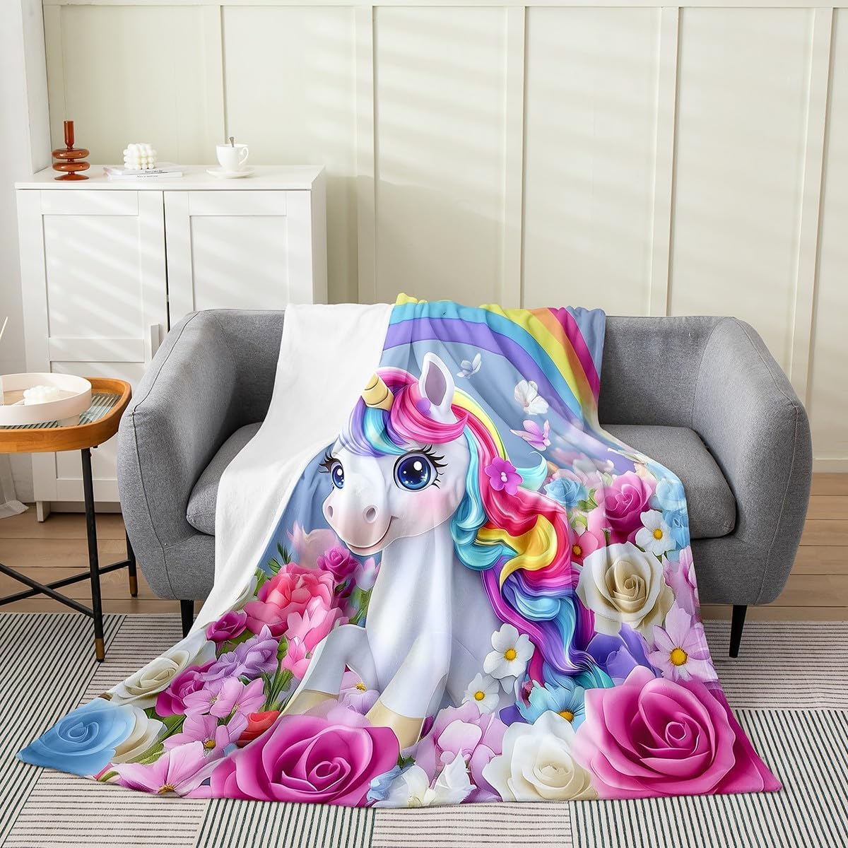 Feelyou Rainbow Unicorn Fuzzy Blanket Queen 90"x90" Cute Unicorn Flannel Fleece Throw Blanket Dreamy Horse Floral Blossom All Season Bed Blanket for Sofa Couch Room Decor Unicorn Glitter Plush Blanket