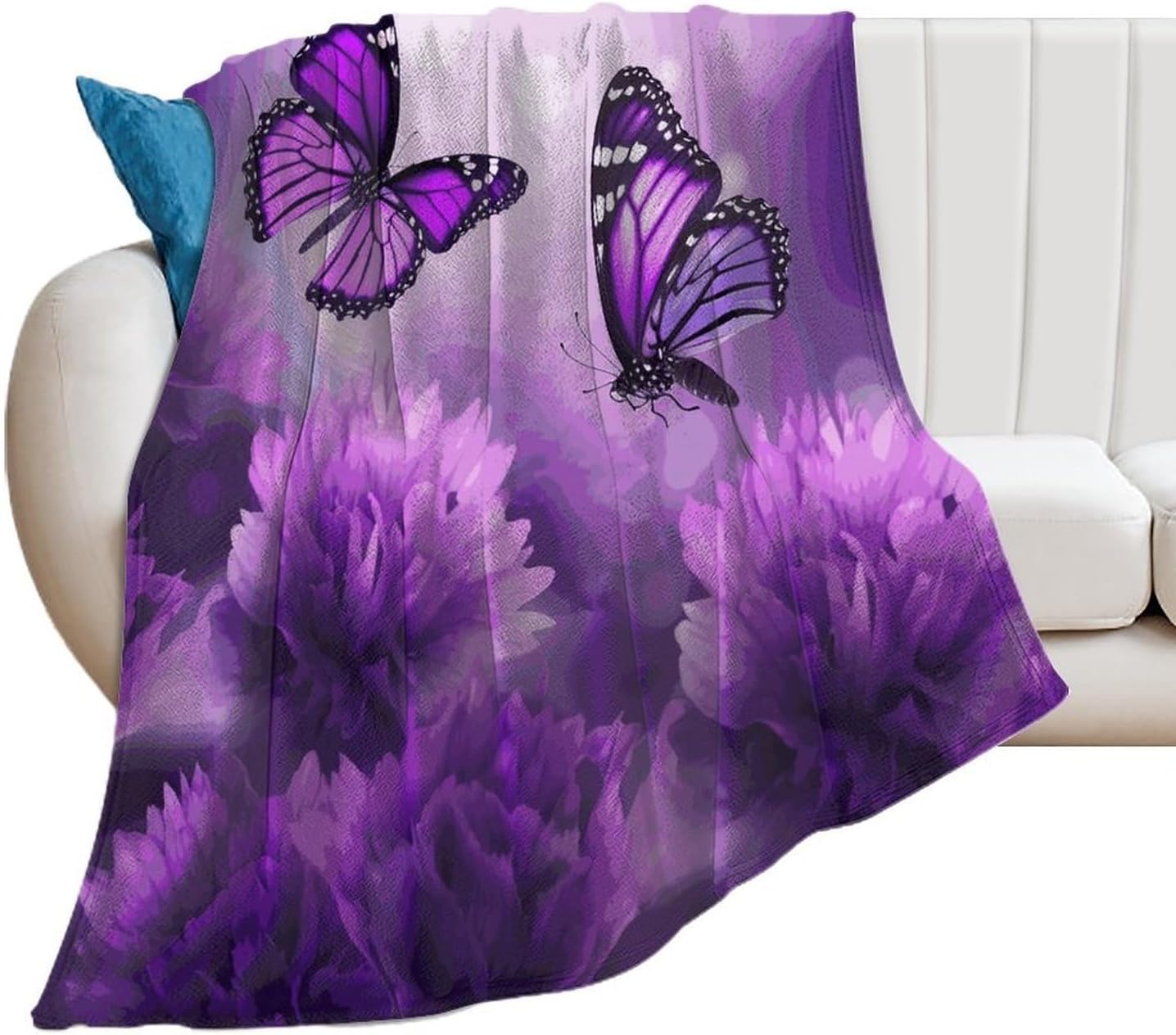 Purple Flower Butterflies Blanket Super Soft Lightweight Throw Blanket Cute Cozy Warm Bed Blanket Decorative Fuzzy Blanket All-Season Home Decor Gift for Sofa Couch Living Room 50"*60"（130 * 150cm）