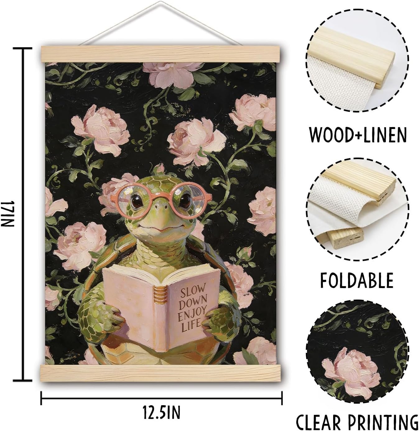 pouep Whimsical Turtle Reading Book Wall Art Poster, Pink Rose Floral Inspirational Turtle Reader Canvas Prints Wall Decor for Reading Nook Corner Room Library Classroom, 12x16 Inches