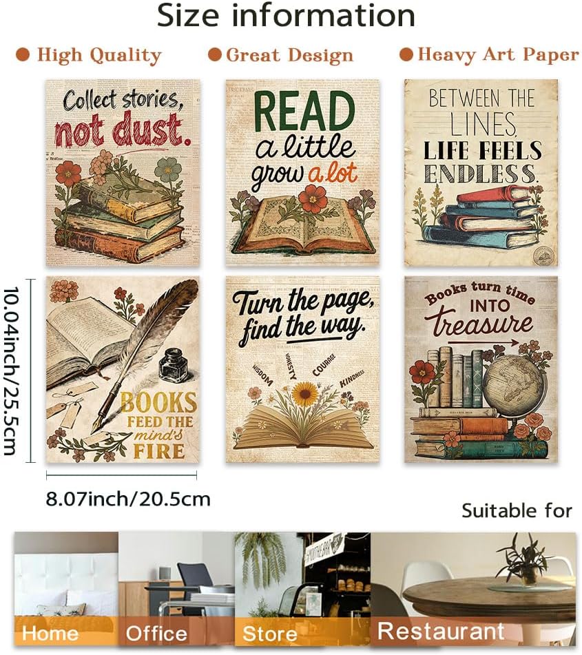 GOMAKERER 6 Pcs Vintage Book Wall Art Prints, Book Club Aesthetic Posters Reading Corner Decor for Bedroom Office Home Decorations, 8 x 10 Inch Unframed