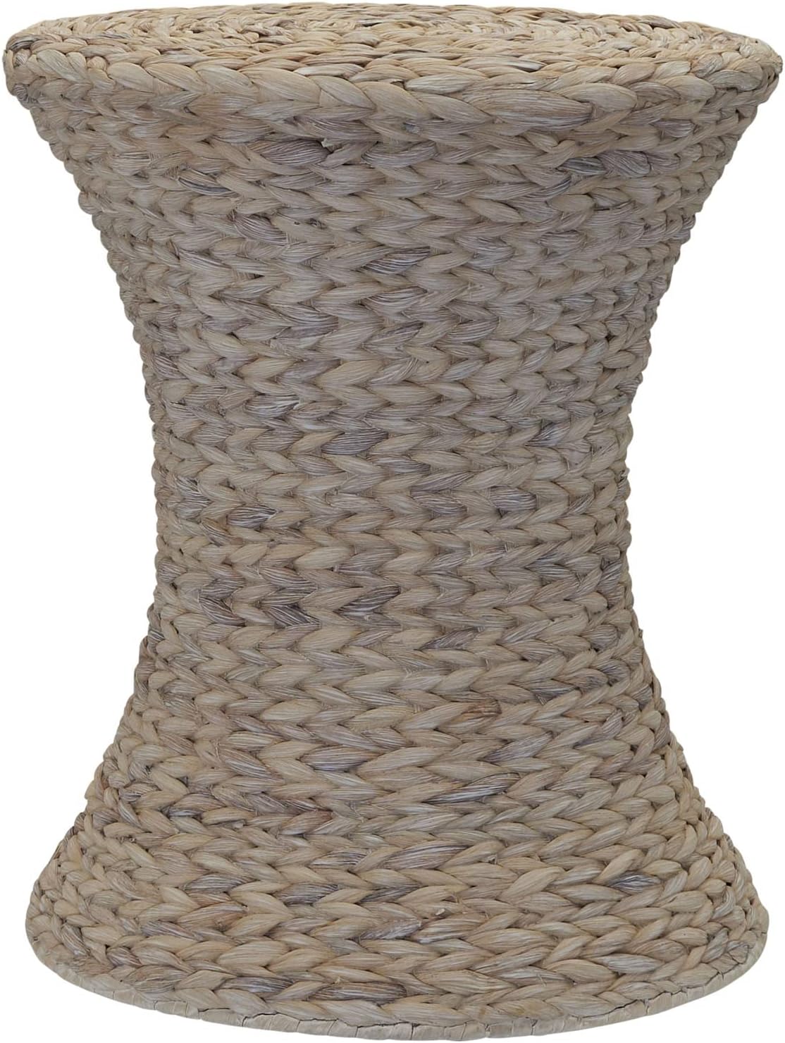 Household Essentials Handwoven Water Hyacinth Wicker Stool with Hourglass Shape, White Wash Finish