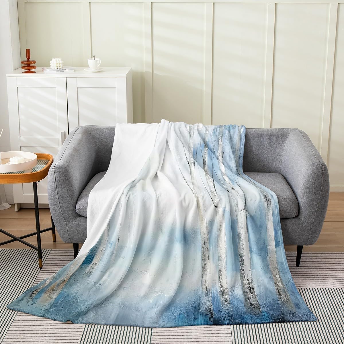 Erosebridal Watercolor Trees Throw Blanket Queen 90x90 Inch for Bedroom Living Rooms Sofa Couch,Birch Trees Fleece Blanket,Botanical Wild Plants Bed Blanket,Blue Tie Dye Flannel Blanket