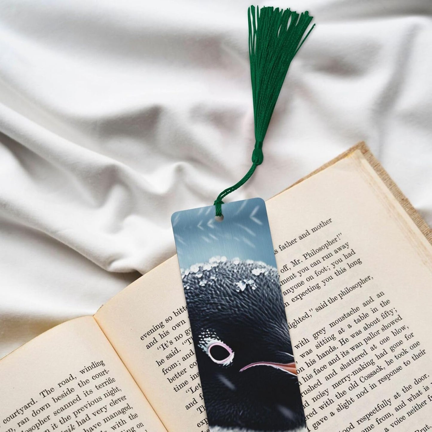Penguin in Blizzard Bookmarks Gifts for Women Men, Wooden Bookmarks for Book Lovers, Vintage Book Marks Ornaments with Tassel, Unique Personalized Reading Page Markers Dark Green